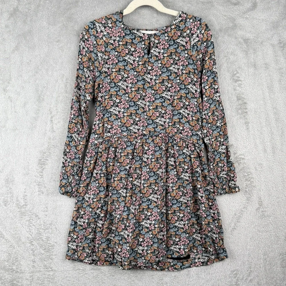 Zara Dress Girls 11/12 Multicolor Floral L/S Lined Circle Skirt Keyhole Neckline